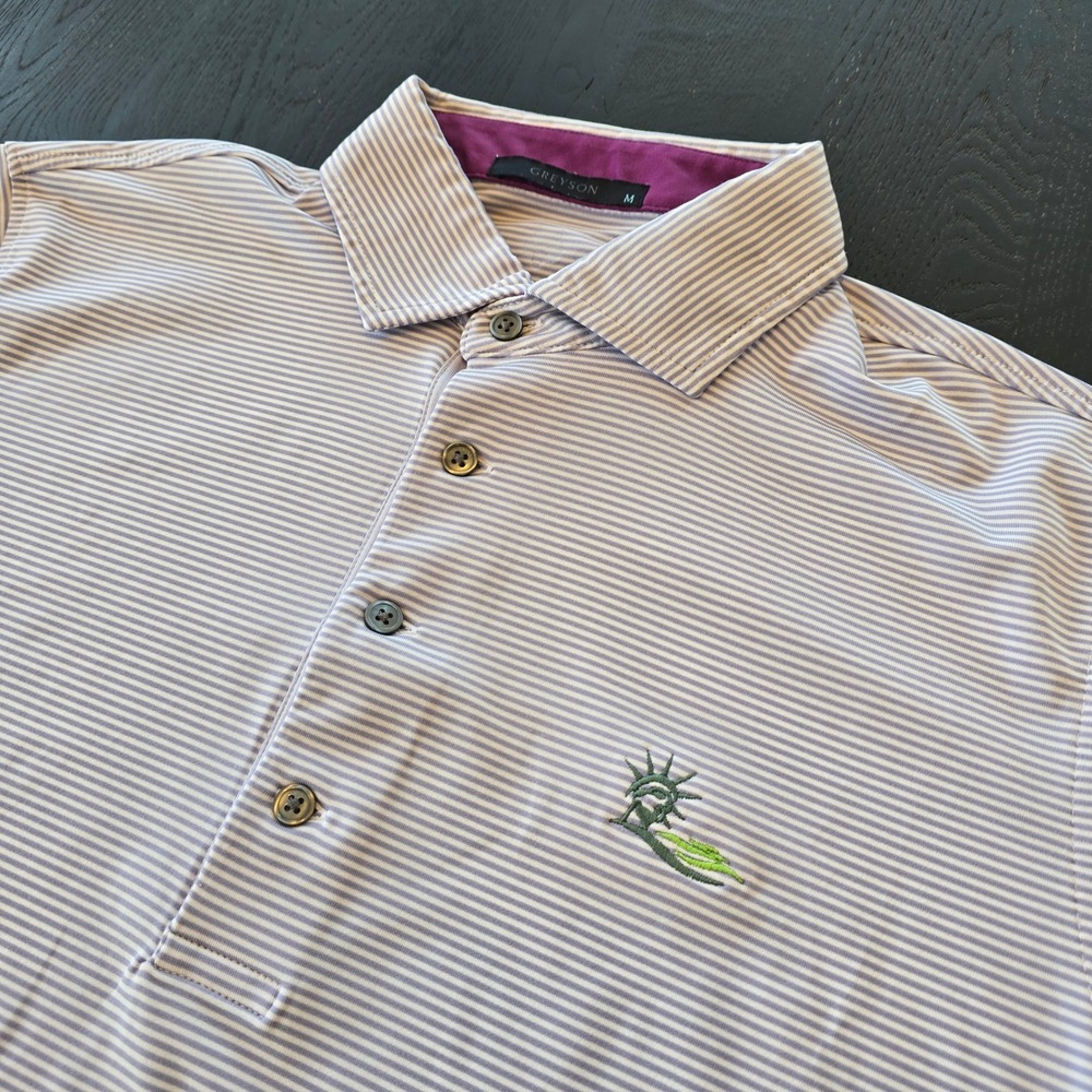 Greyson Mens Striped Golf Polo Shirt Liberty Logo Purple White Size Medium